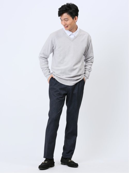 クロスストレッチ ヘリンボンジャガード Vネックニット