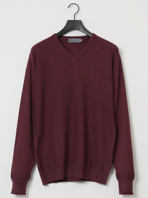 クロスストレッチ ヘリンボンジャガード Vネックニット