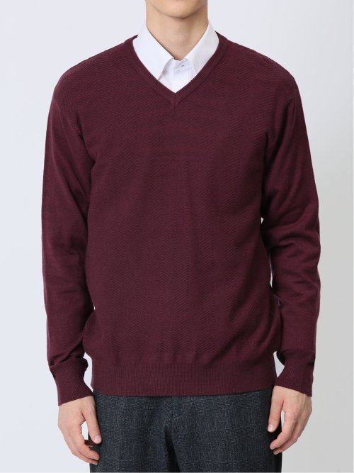 クロスストレッチ ヘリンボンジャガード Vネックニット