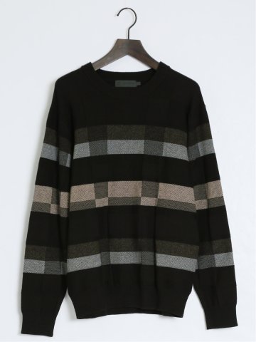 【大きいサイズ】グランバック/GRAND-BACK クロスストレッチ ブロッキングボーダー クルーニット