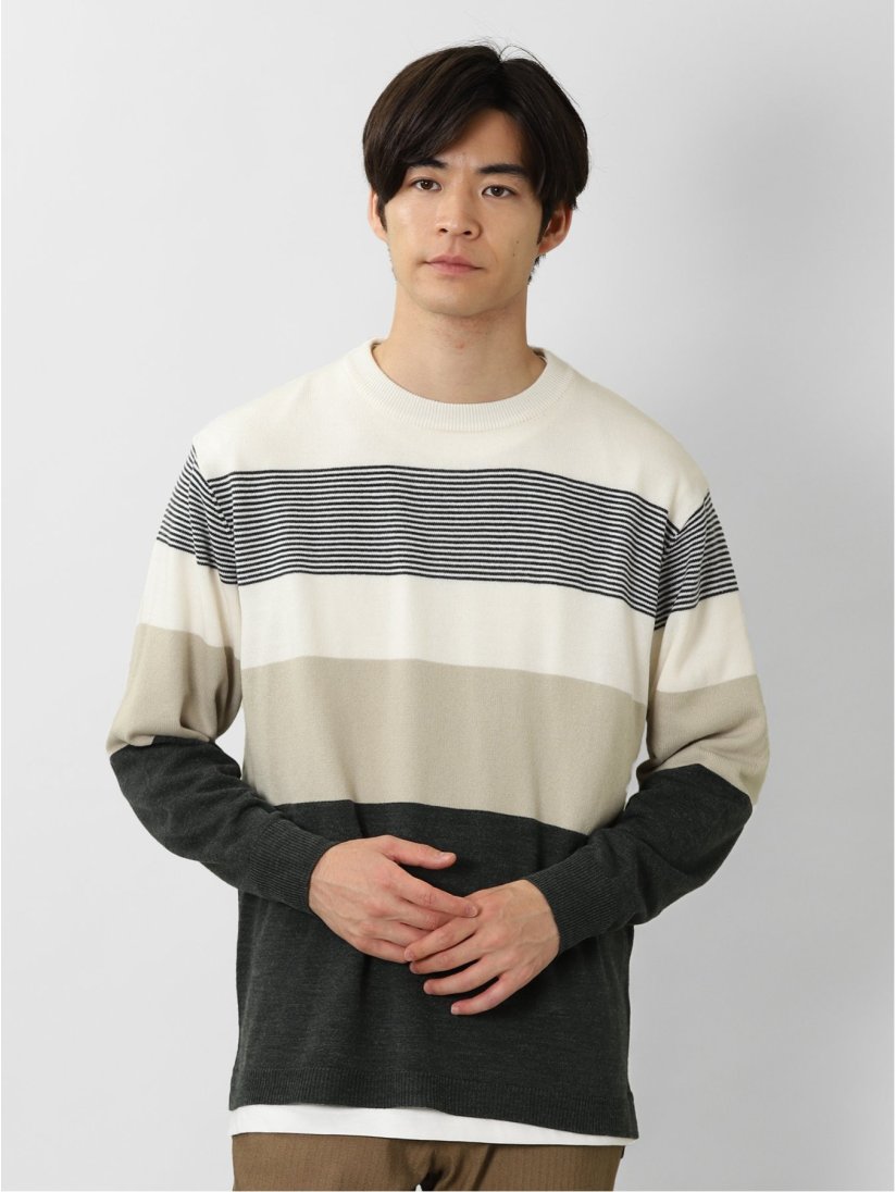 ボーダー柄クルーニット 長袖tシャツ アンサンブル M 02アイボリー トップス Taka Q Online Shop タカキューオンラインショップ 公式通販