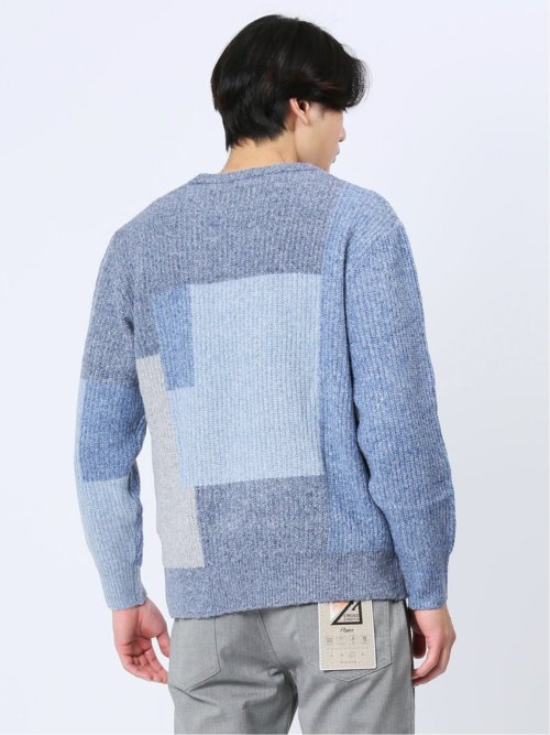 ウォッシャブル パッチワーク風 クルーネックニット