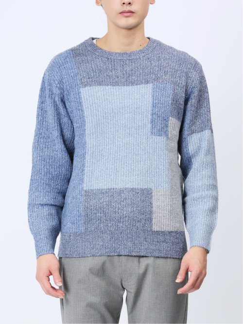 ウォッシャブル パッチワーク風 クルーネックニット