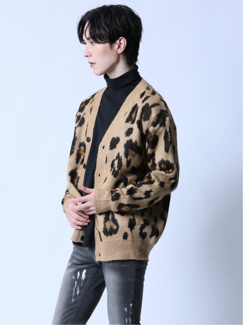 モヘアタッチ レオパード Vネック ニットカーディガン