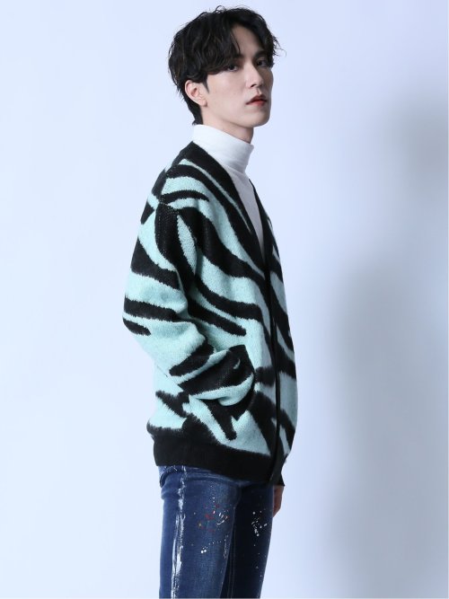 モヘアタッチ ゼブラ Vネック ニットカーディガン