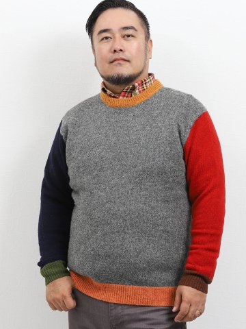 【大きいサイズ】グランバック/GRAND-BACK ウール100%無地切替クルーネックセーター