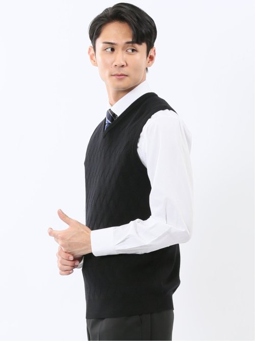 ウォッシャブル ウール混 寄せ柄 プルオーバーベスト