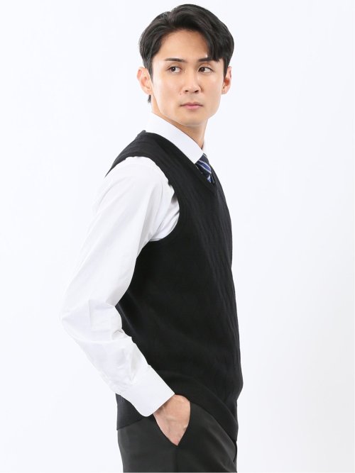 ウォッシャブル ウール混 寄せ柄 プルオーバーベスト