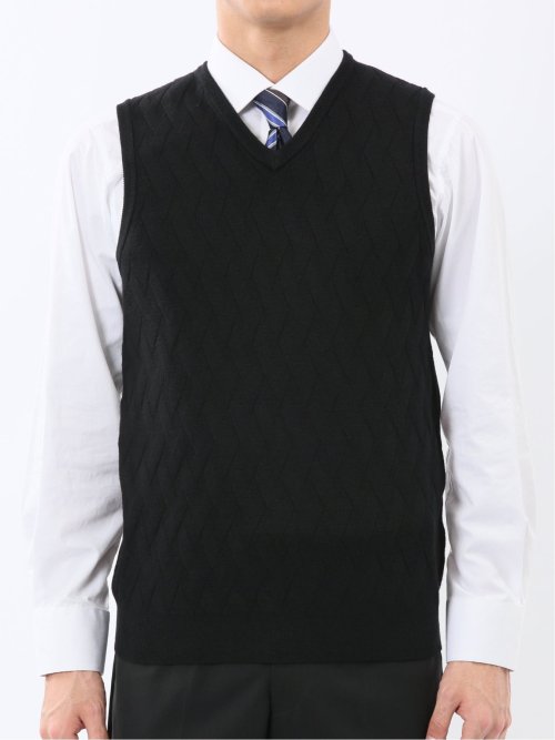 ウォッシャブル ウール混 寄せ柄 プルオーバーベスト