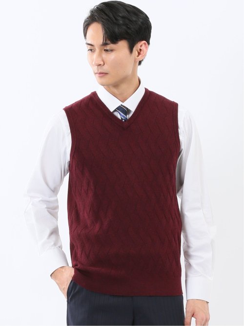 ウォッシャブル ウール混 寄せ柄 プルオーバーベスト