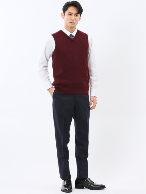 ウォッシャブル ウール混 寄せ柄 プルオーバーベスト