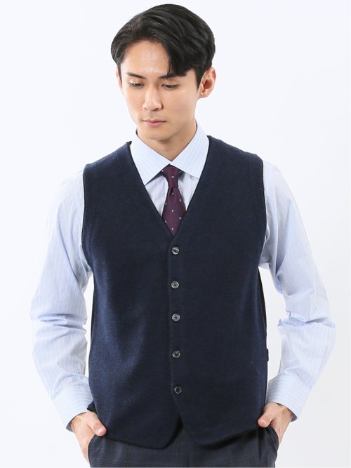 ウォッシャブル ウール混 バーズアイ 前開きベスト(M 75紺): トップス