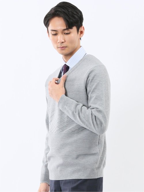 ウォッシャブル ウール混 パネルボーダー Vネックニット