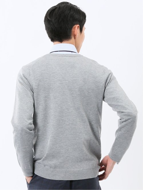 ウォッシャブル ウール混 パネルボーダー Vネックニット