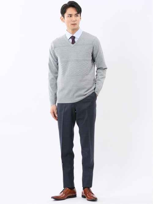 ウォッシャブル ウール混 パネルボーダー Vネックニット