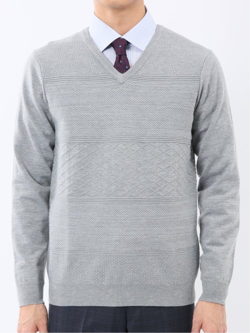 ウォッシャブル ウール混 パネルボーダー Vネックニット