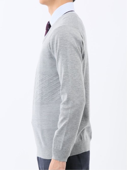 ウォッシャブル ウール混 パネルボーダー Vネックニット