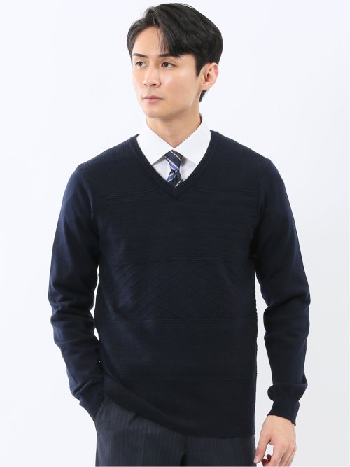 ウォッシャブル ウール混 パネルボーダー Vネックニット