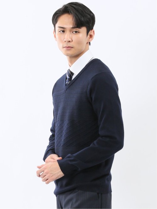 ウォッシャブル ウール混 パネルボーダー Vネックニット