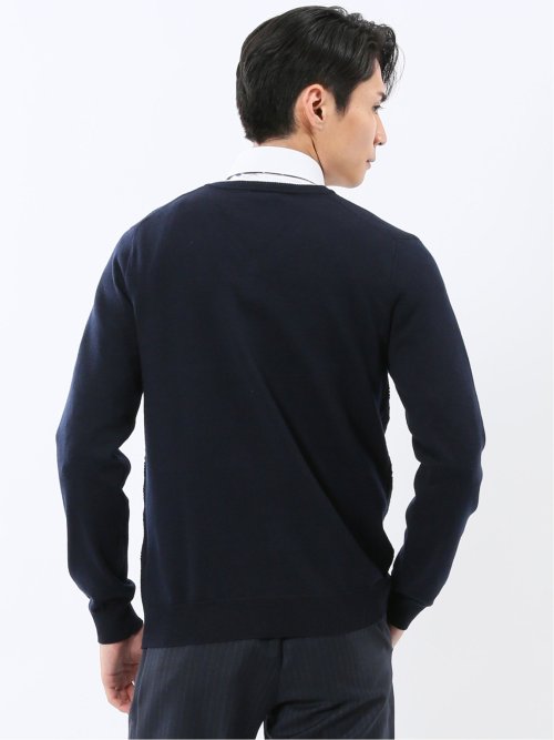 ウォッシャブル ウール混 パネルボーダー Vネックニット