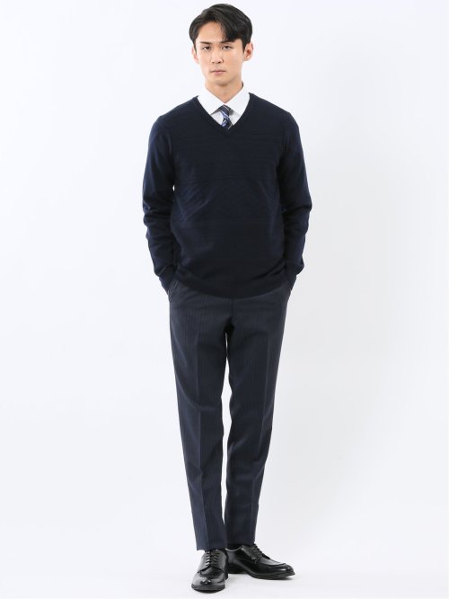 ウォッシャブル ウール混 パネルボーダー Vネックニット