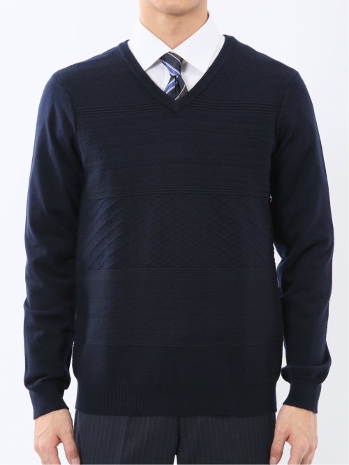 ウォッシャブル ウール混 パネルボーダー Vネックニット