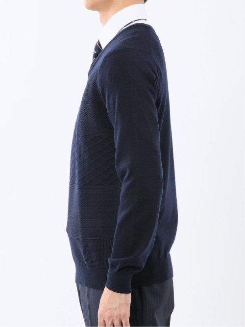 ウォッシャブル ウール混 パネルボーダー Vネックニット