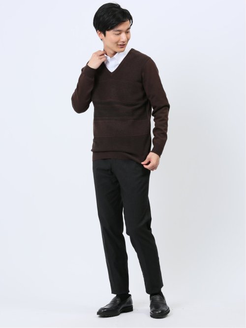 ふわもち パネルボーダー Vネックニット