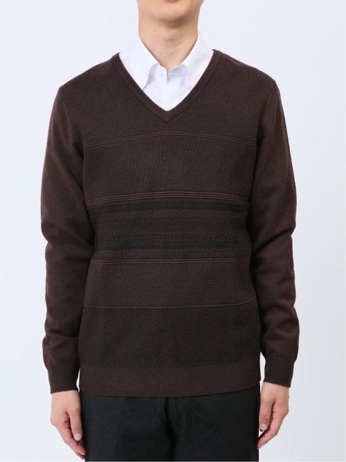 ふわもち パネルボーダー Vネックニット