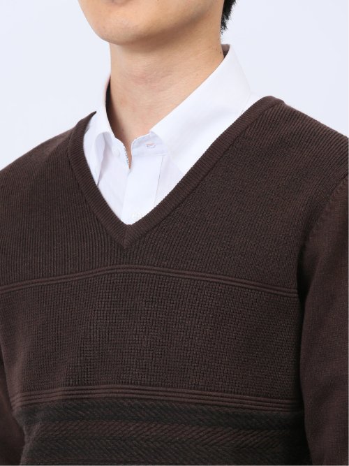 ふわもち パネルボーダー Vネックニット