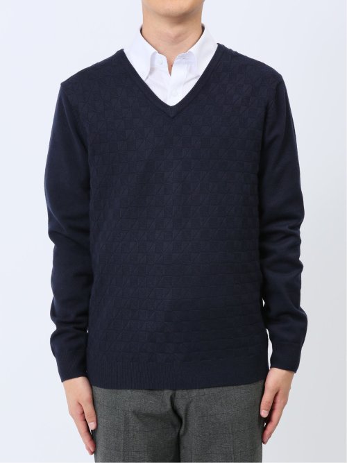 ふわもち 幾何学ジャガード Vネックニット