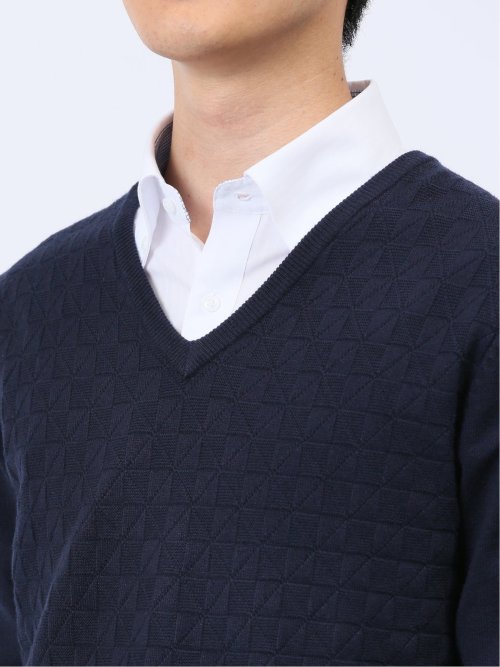 ふわもち 幾何学ジャガード Vネックニット