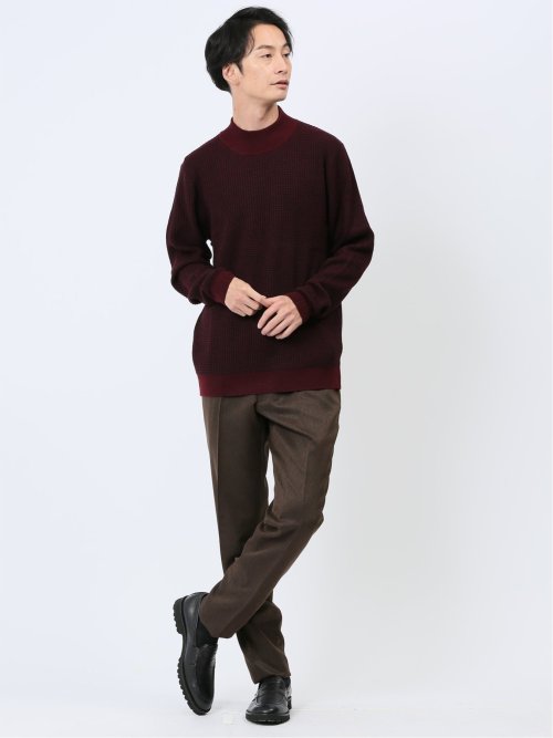 ふわもち ワッフルジャガード モックネックニット