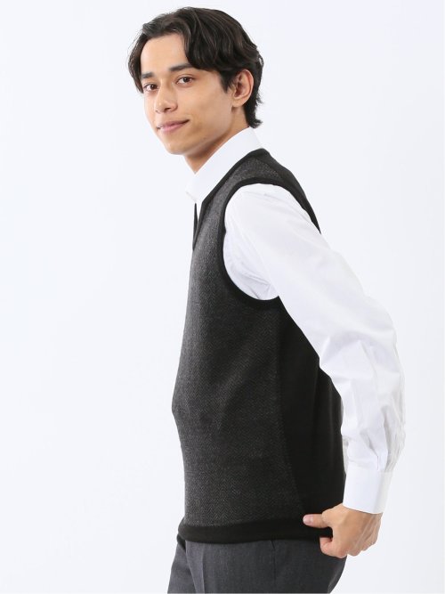 ウォッシャブル ウール混 ヘリンボン柄 プルオーバーベスト