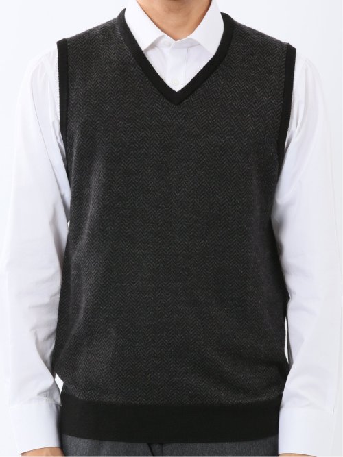 ウォッシャブル ウール混 ヘリンボン柄 プルオーバーベスト