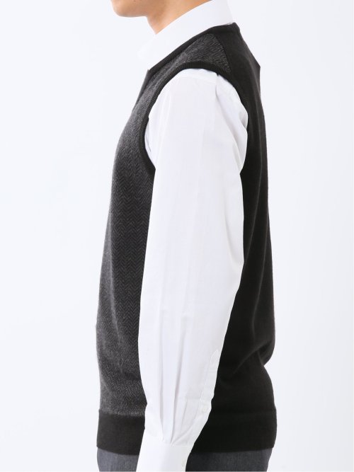 ウォッシャブル ウール混 ヘリンボン柄 プルオーバーベスト