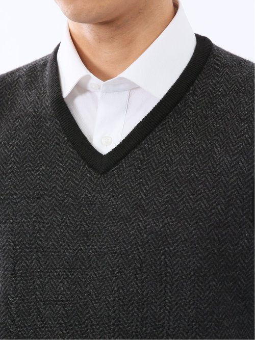 ウォッシャブル ウール混 ヘリンボン柄 プルオーバーベスト