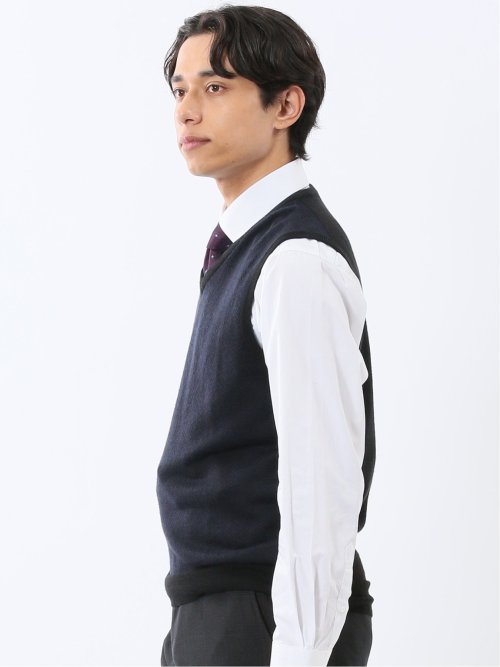 ウォッシャブル ウール混 ヘリンボン柄 プルオーバーベスト