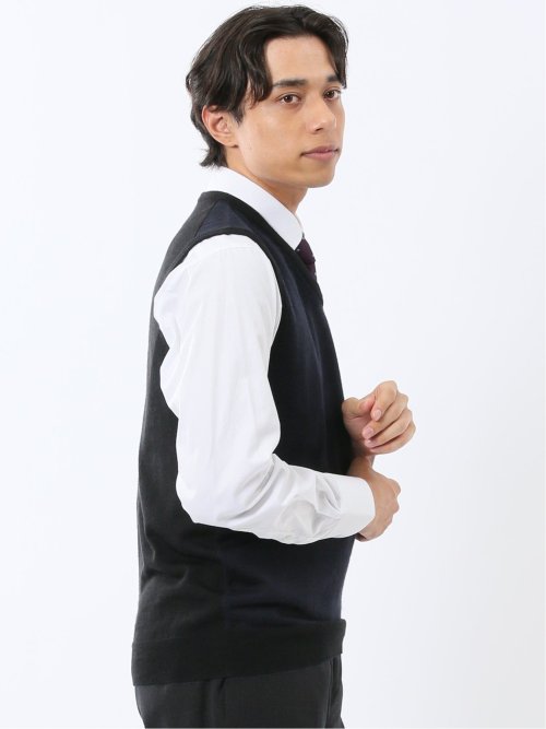 ウォッシャブル ウール混 ヘリンボン柄 プルオーバーベスト