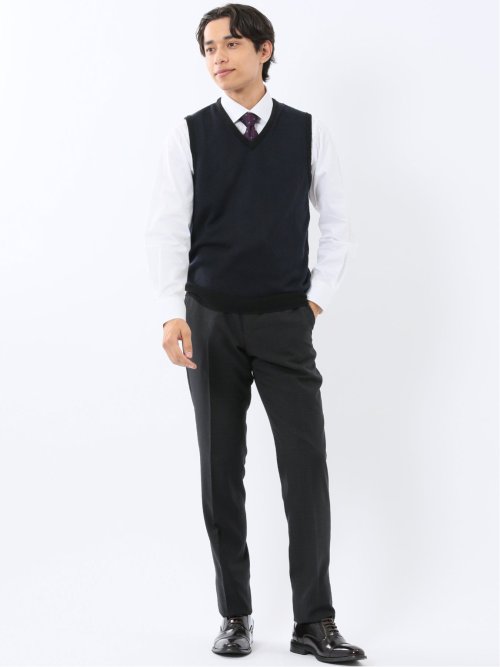 ウォッシャブル ウール混 ヘリンボン柄 プルオーバーベスト