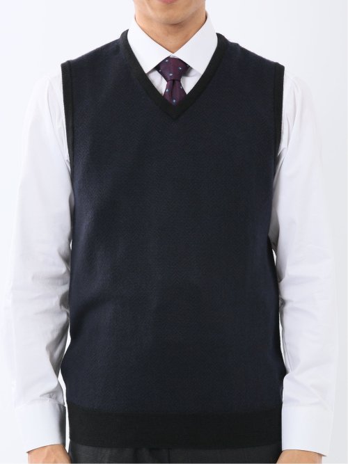 ウォッシャブル ウール混 ヘリンボン柄 プルオーバーベスト