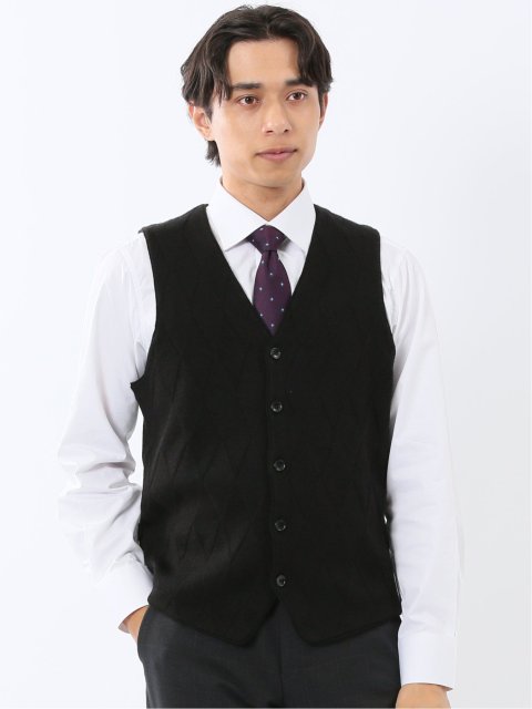 ウォッシャブル ウール混 ダイヤ柄 前開きベスト