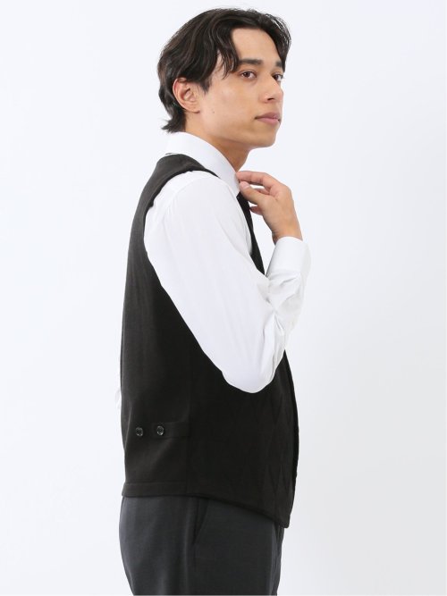 ウォッシャブル ウール混 ダイヤ柄 前開きベスト