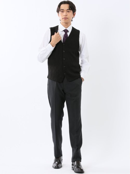 ウォッシャブル ウール混 ダイヤ柄 前開きベスト