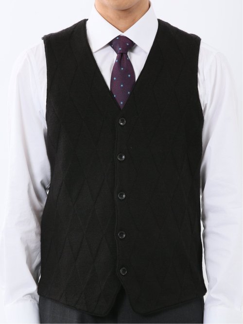 ウォッシャブル ウール混 ダイヤ柄 前開きベスト