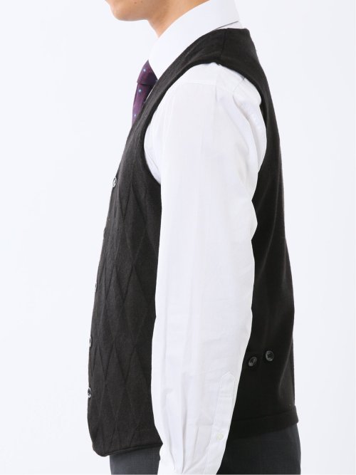 ウォッシャブル ウール混 ダイヤ柄 前開きベスト