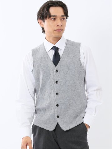 ウォッシャブル ウール混 ダイヤ柄 前開きベスト