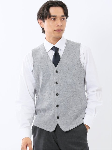 ウォッシャブル ウール混 ダイヤ柄 前開きベスト