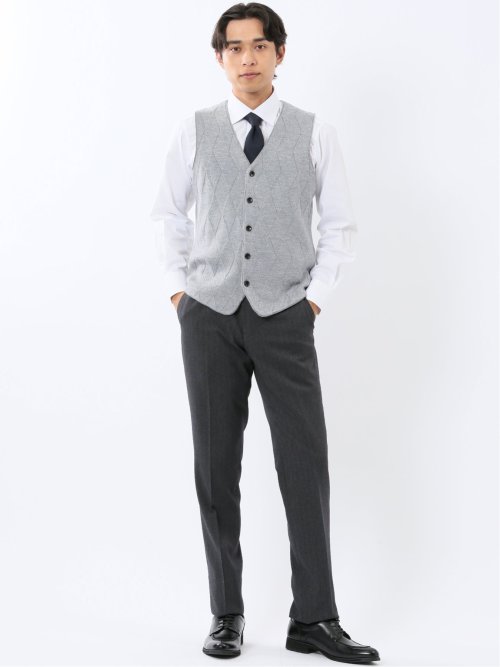 ウォッシャブル ウール混 ダイヤ柄 前開きベスト