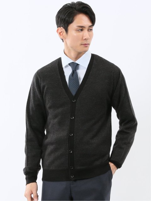 ウォッシャブル ウール混カルゼ柄 ニットカーディガン